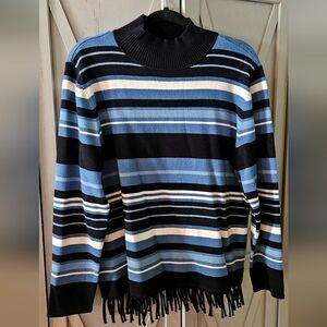 Preswick & Moore Women's Striped Blue, Black, and White Sweater With Fringe